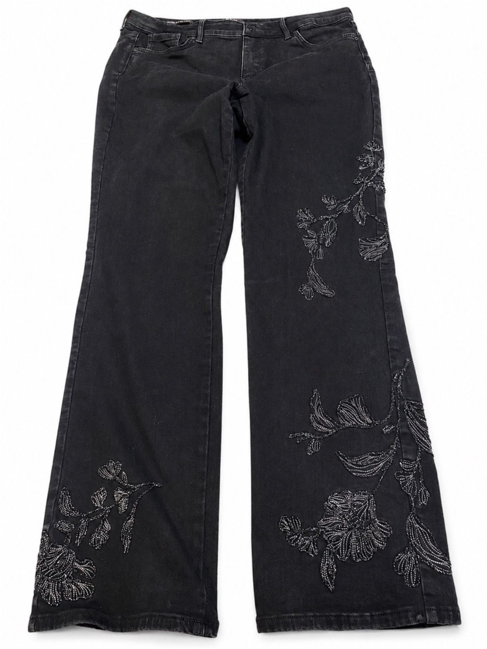 NYDJ Marilyn Black straight leg Jeans/ applique bead work Embroidery Size 14